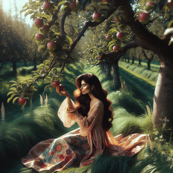 Tranquil Woman with Apples in Serene Orchard Setting