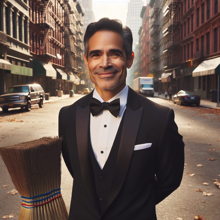 Hispanic Janitor in Tuxedo with Broom on Urban Street
