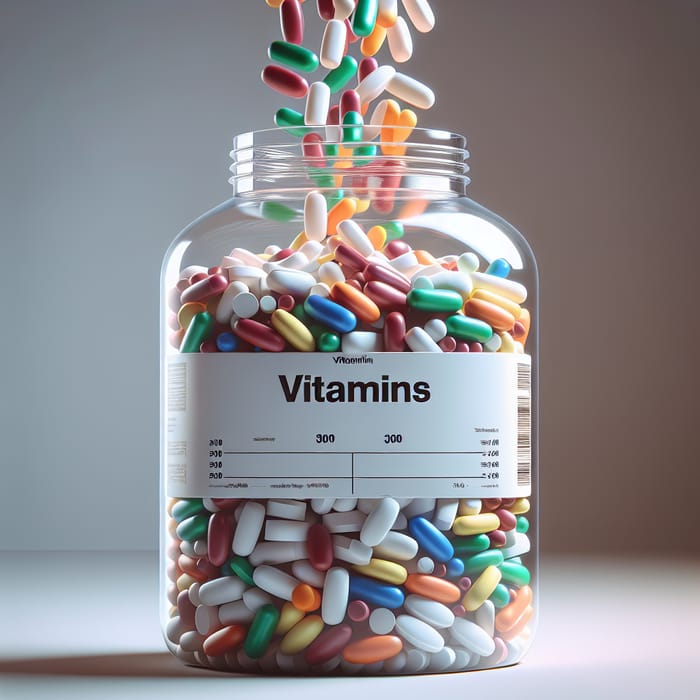 Ultra Realistic 3D Image of Vitamin Container Filled with 300 Colorful Vitamins