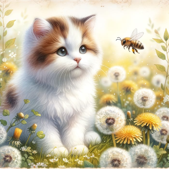 Whimsical White Cat in Dandelion Meadow Watching Bee