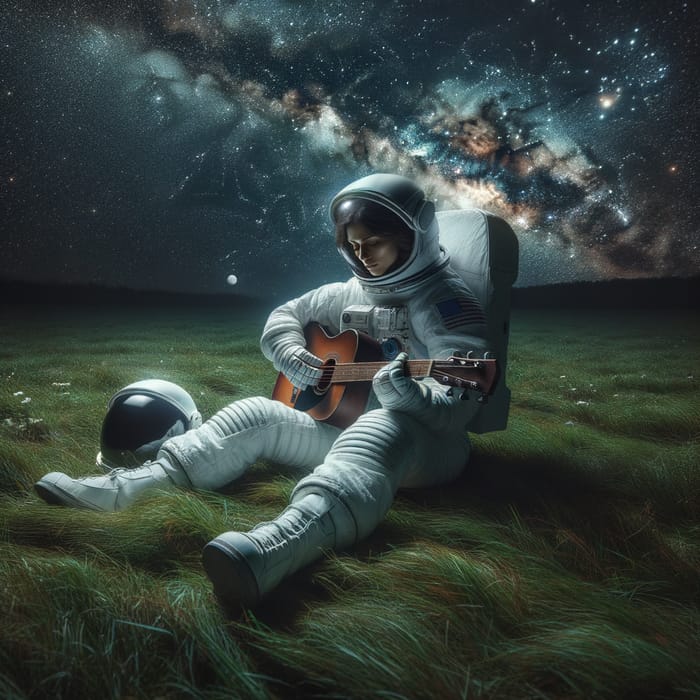Astronaut Serenading the Cosmos with Guitar on Grass at Night