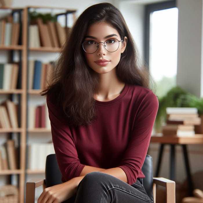 Mia Kalifa DarkHaired Woman in Casual Attire Sitting Indoors AI