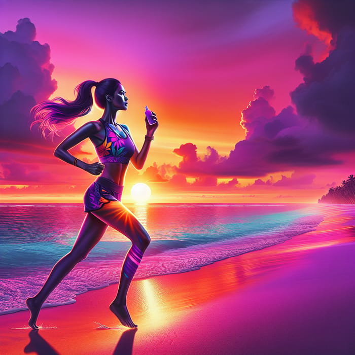 Beach Sunset Beauty: Woman Jogging in Athletic Wear