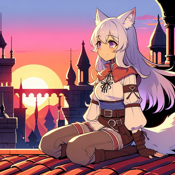 Anime Version of Girl with White Hair and Wolf Ears Watching Sunset