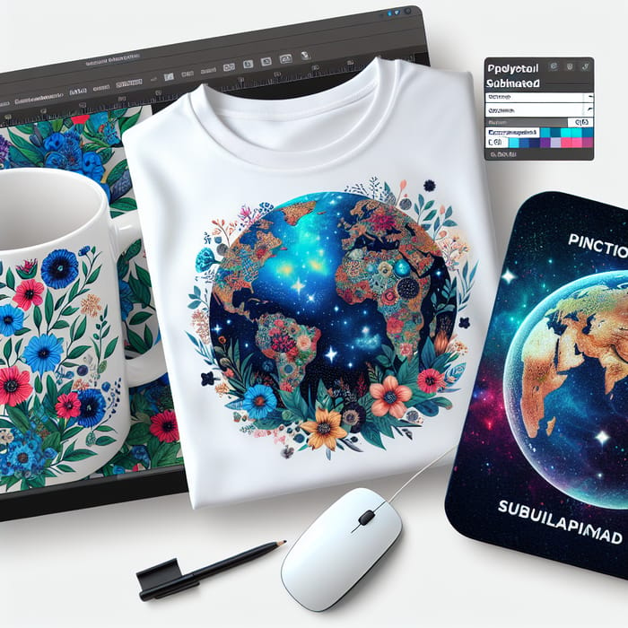 Sublimated Products: Floral Mug, Galaxy T-shirt, Vintage Map Mousepad