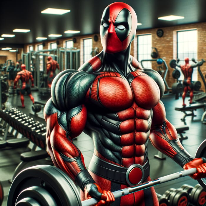 Deep Pool Bodybuilder Photo in Red and Black Costume Training at Gym