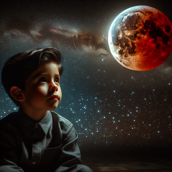 Young Boy Sits in Spectacular Blood Moon Sky