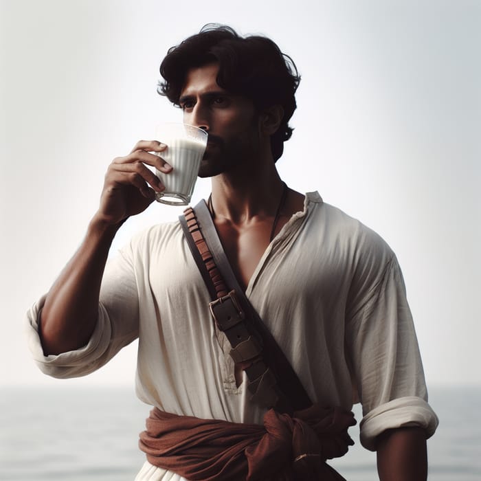 South Asian Man in Sword Belt Drinking Milk - Serene Moment Captured