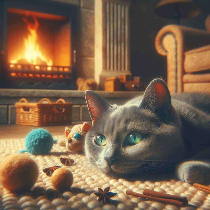 Beautiful Russian Blue Cat in Cozy Home Environment