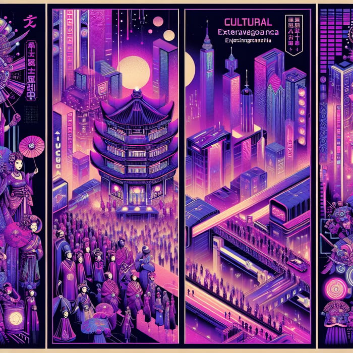 Futuristic Cultural Extravaganza Poster in Purple Cyberpunk Theme