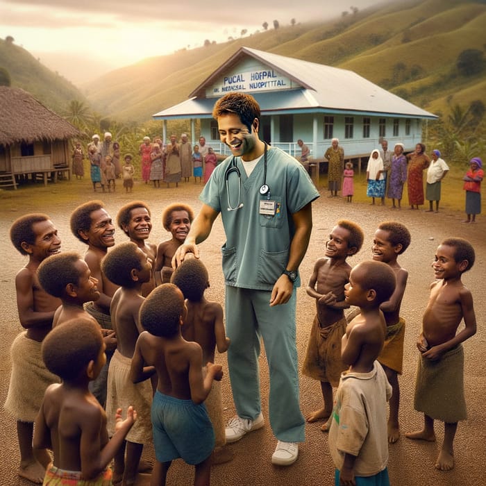Melanesian Doctor Playing with Village Kids in Rural Hospital