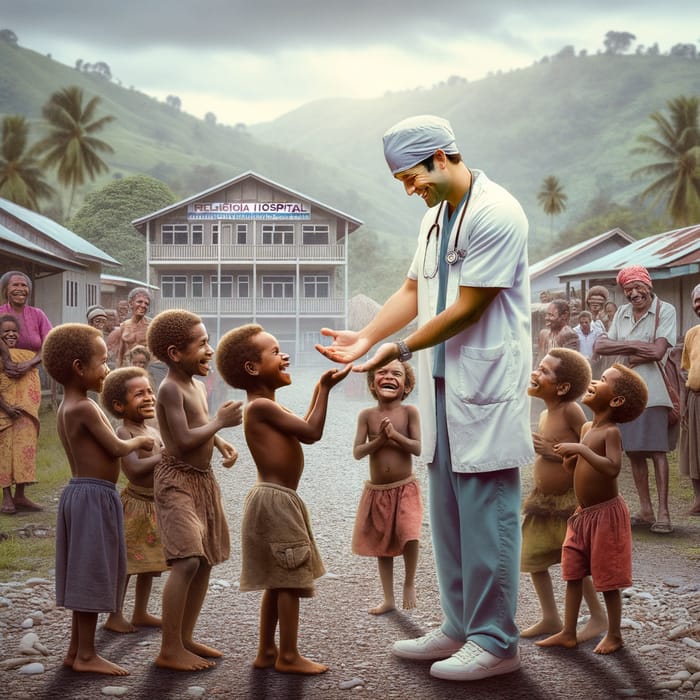 Melanesian Doctor Playing with Village Children in Rural Papua New Guinea
