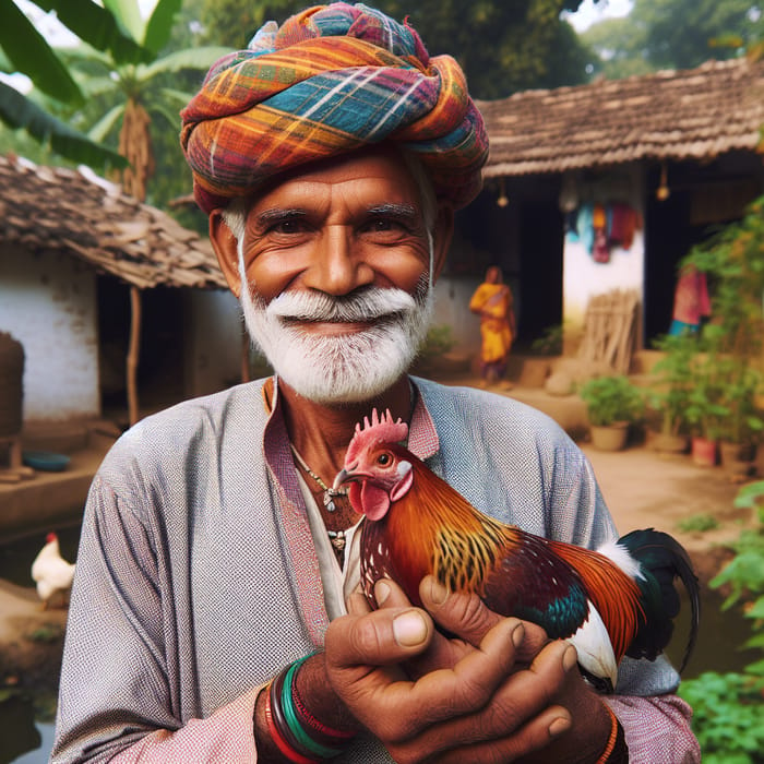 Indian Man With Hen in Colorful Attire