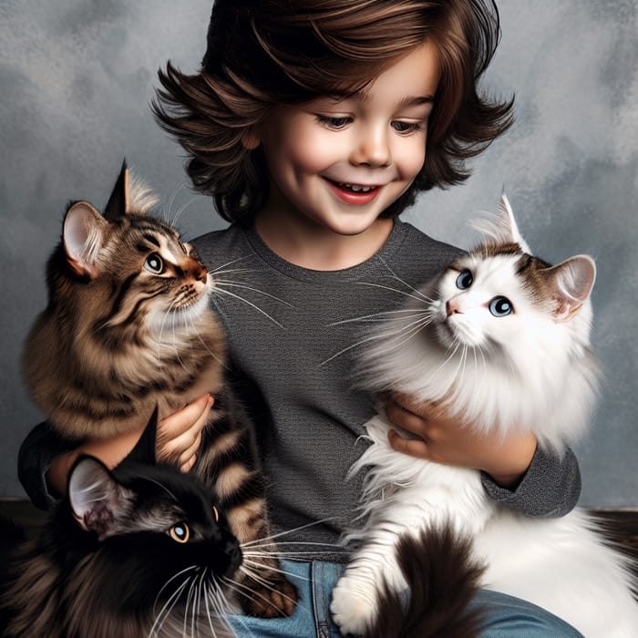 Young Caucasian Boy with Brown Hair Playing with a Trio of Stunning Cats