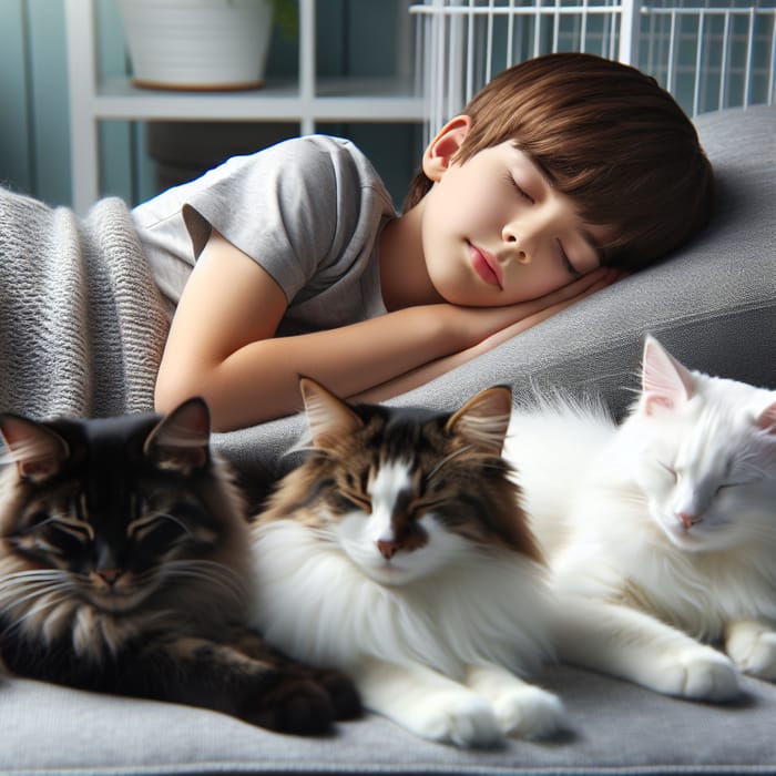 Young Caucasian Boy Napping with Three Cats | Peaceful Scene