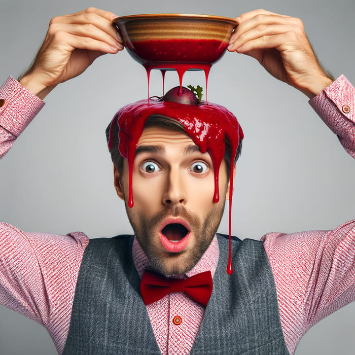 Funny Borscht Mishap: Caucasian Man Surprised with Soup on Head