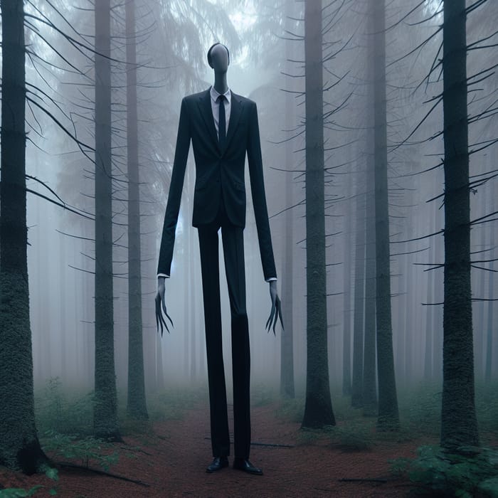 Eslenderman: Dark Suit, Faceless, Tall Figure in Foggy Forest