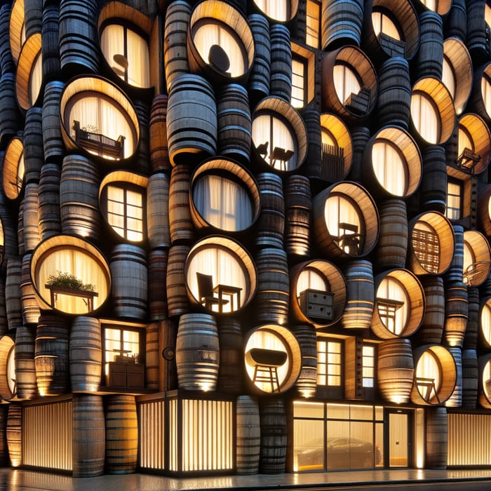 Barrel Lid Facade: Modern Furniture Shapes with Illuminating Light Gaps