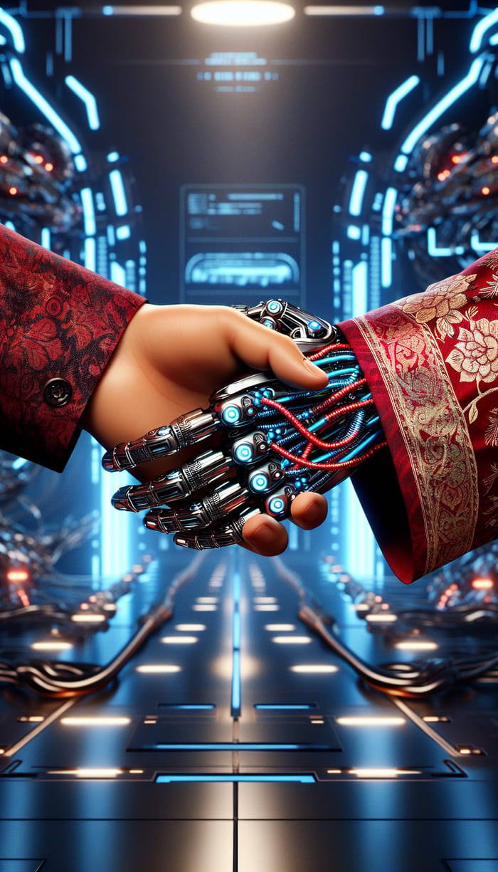 Unity of Humanity and Technology | Handshake Illustration
