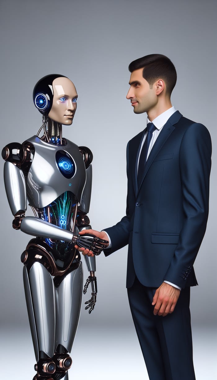 Attorney and AI Robot Shaking Hands: A Symbol of Collaboration