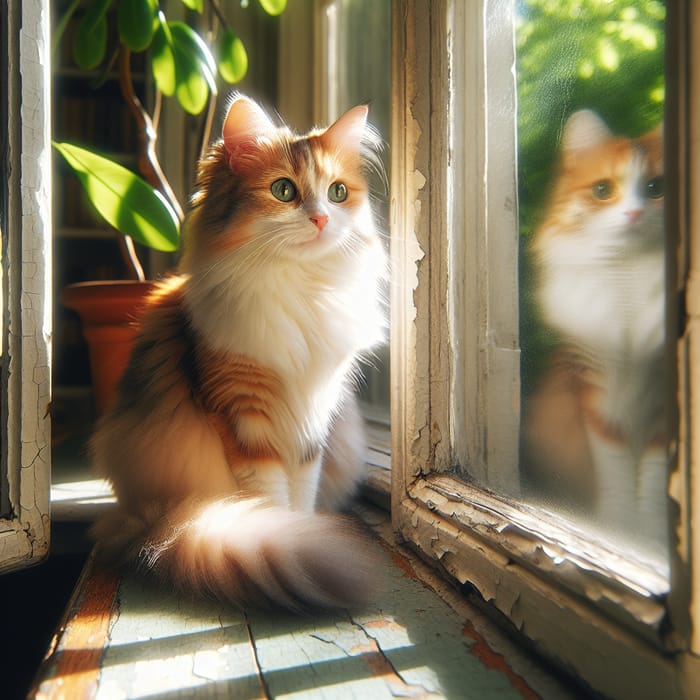 Fluffy White and Orange Cat on Window Sill in Sunny Afternoon