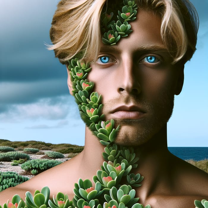 Surreal Man with Verdolaga Body, Sky-blue Eyes & Blonde Hair
