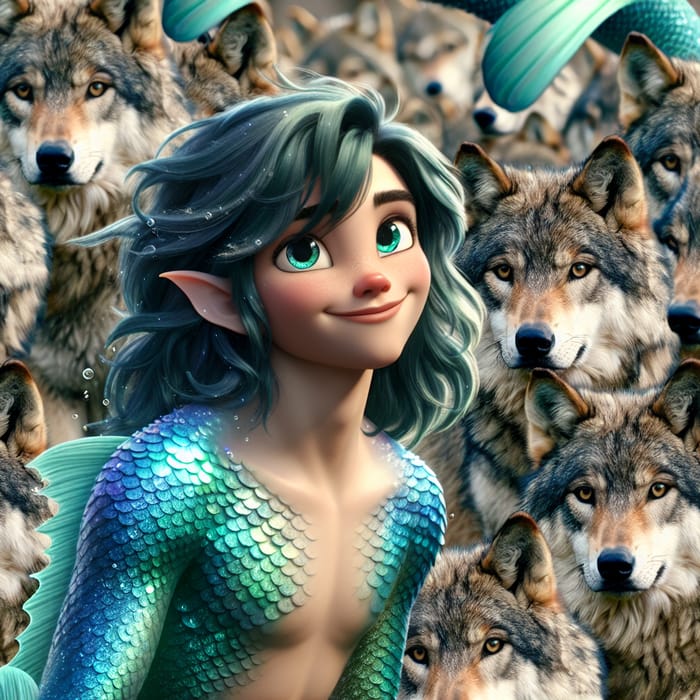 Young Male Mermaid and Wolves: Unique Connection in Nature