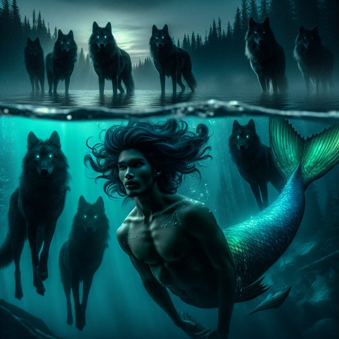 Male Mermaid with Wolves in Underwater Scene