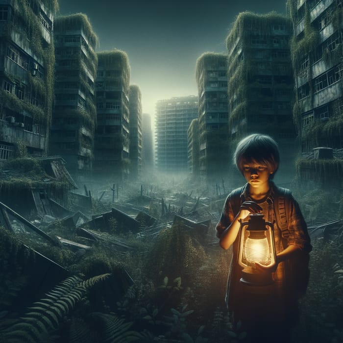Apocalyptic World: Boy with Lantern in Dark Landscape Illuminating Face