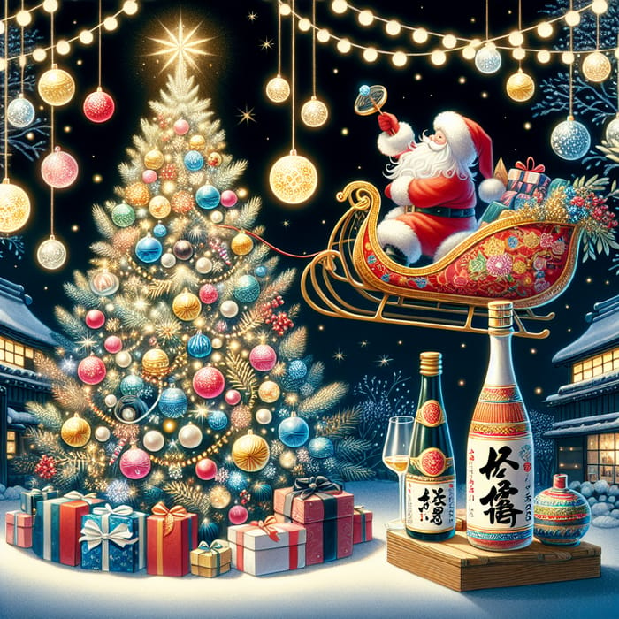 Japanese Christmas Tree with Santa Sleigh & Sake - Unique Festive Art