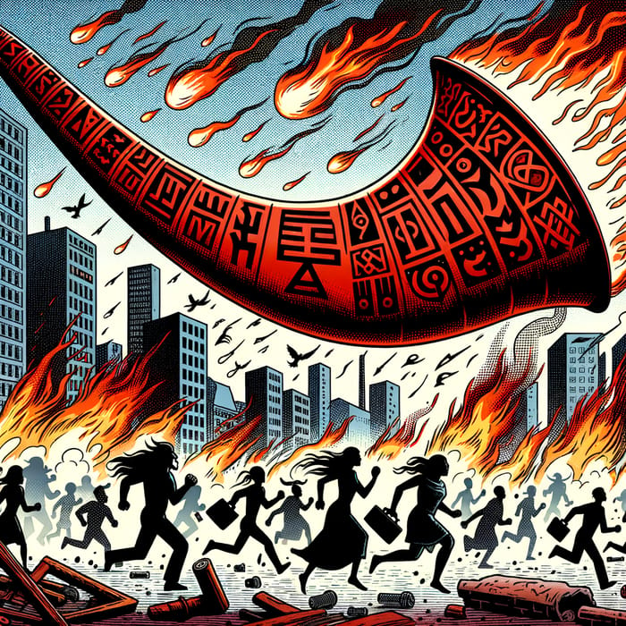 Apocalyptic Scene: Fiery Flaming Buildings & Fleeing Multicultural Crowds