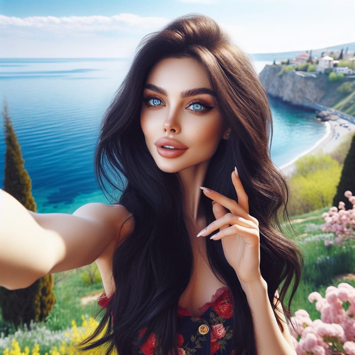 Beautiful Girl Selfie by Black Sea | Realistic Landscape Photo