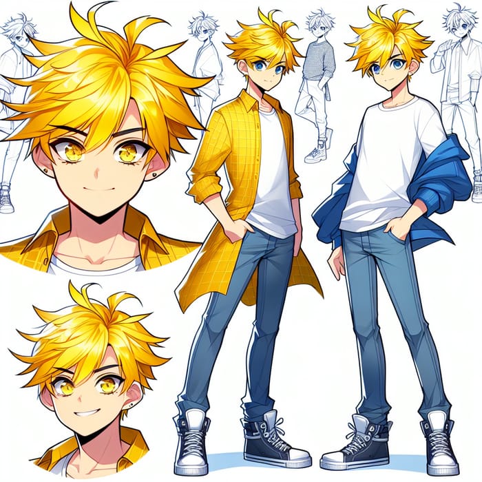 Vibrant South Asian Anime Boy with Gravity-Defying Yellow Hair