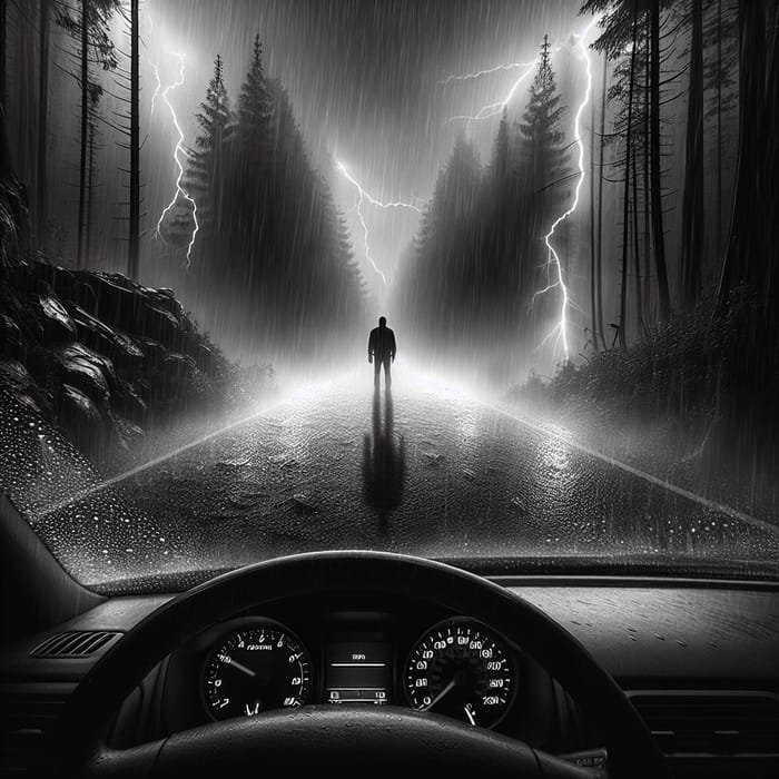 Stormy Night on Desolate Road: Isolated Monochrome Scene