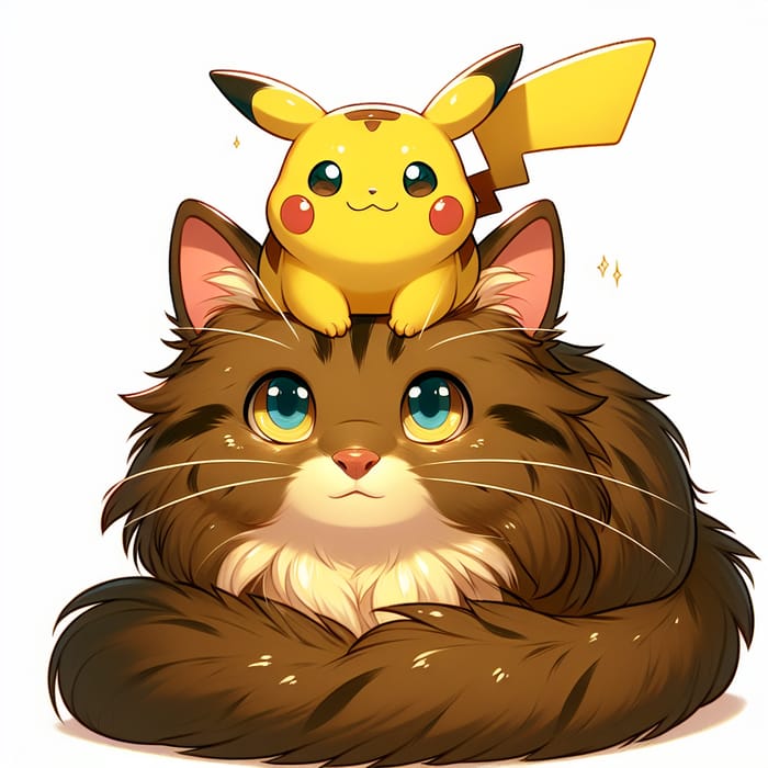 Coffee-Brown Cat with Pikachu: Charming Illustration