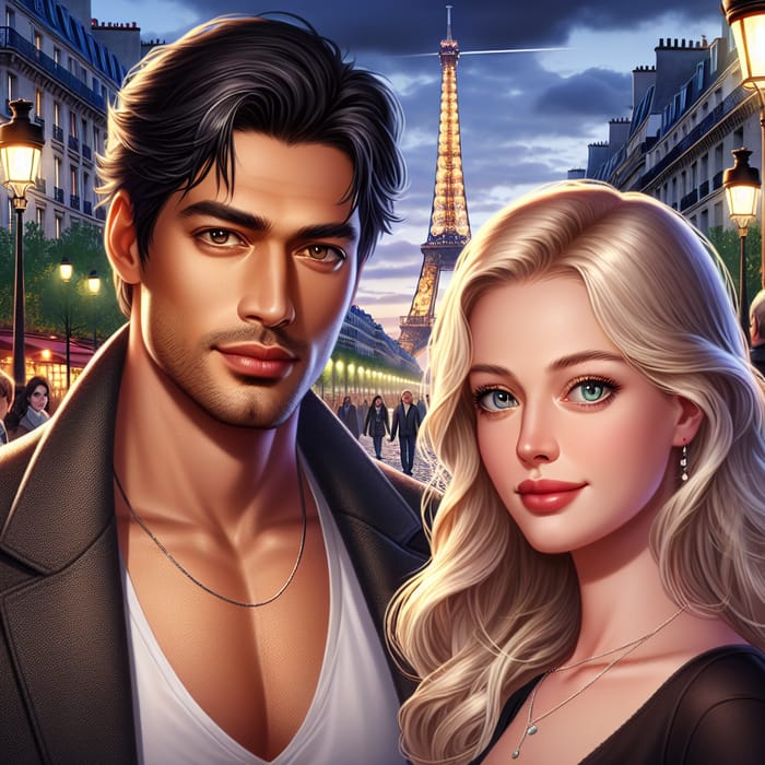 Romantic Paris Night: Black-Haired Man, Blonde Woman