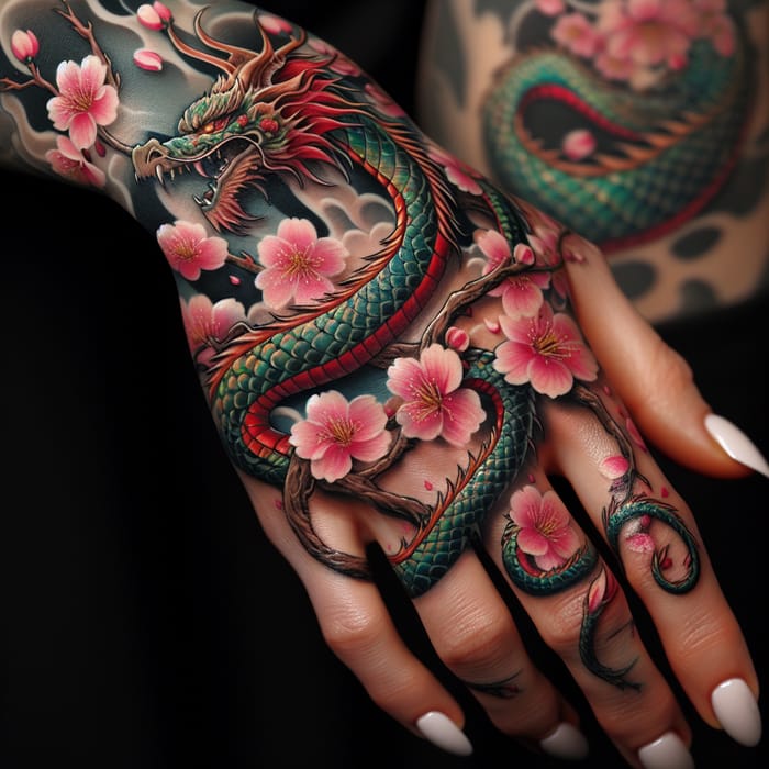Intricately Designed Dragon Tattoo on Hand with Sakura Blossoms