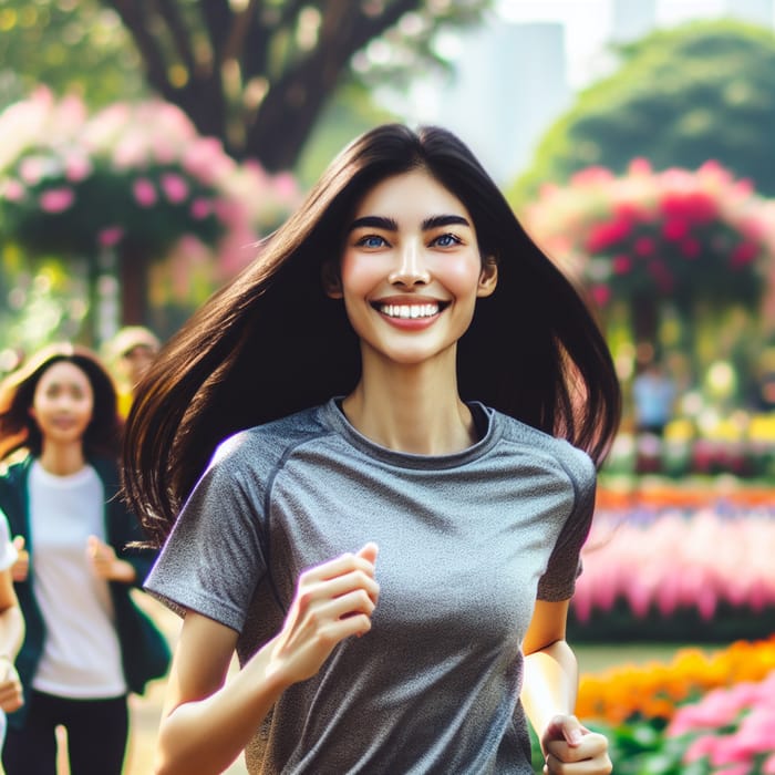 Young Woman Radiating Happiness Running in Vibrant Park