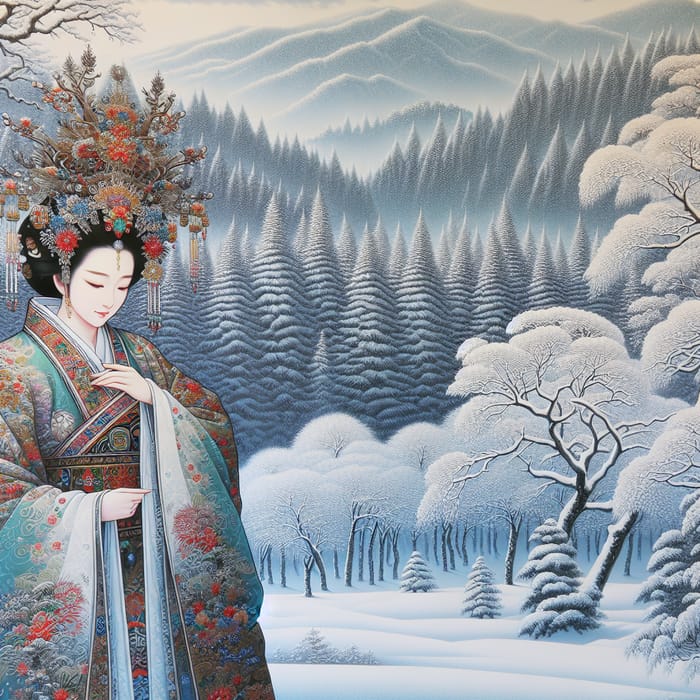 Snowy Winter Scene with Traditional Attire & Trees