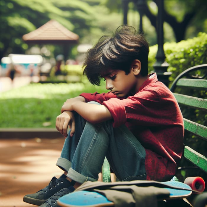 Sad Boy Sitting on Park Bench - Heartbreak Scene