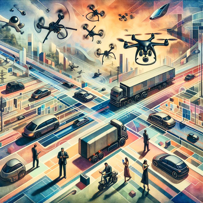 Abstract Digital Mobility Art: Drones, Electric Cars, People, Lorries