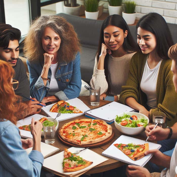 College Students Enjoying Pizza and Salad with Professor | Study Session