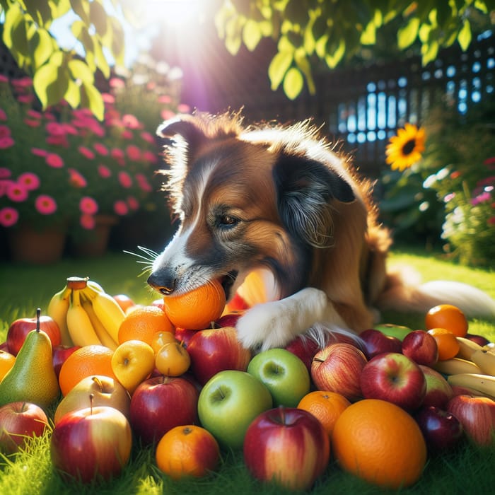 Energetic Border Collie Enjoying Fruity Feast in a Sunny Garden