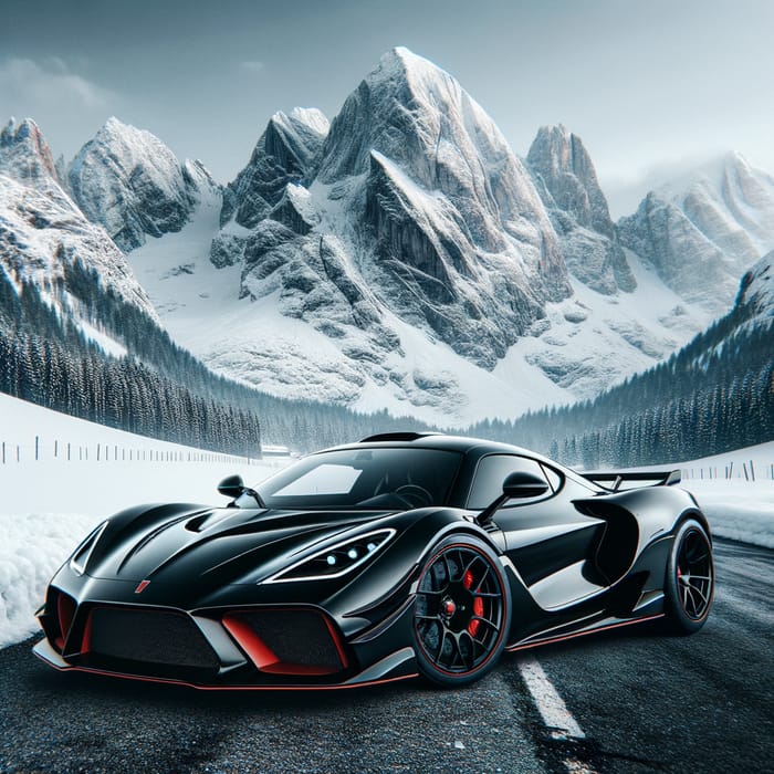 Sleek Black Sports Car on Snowy Mountain Backdrop