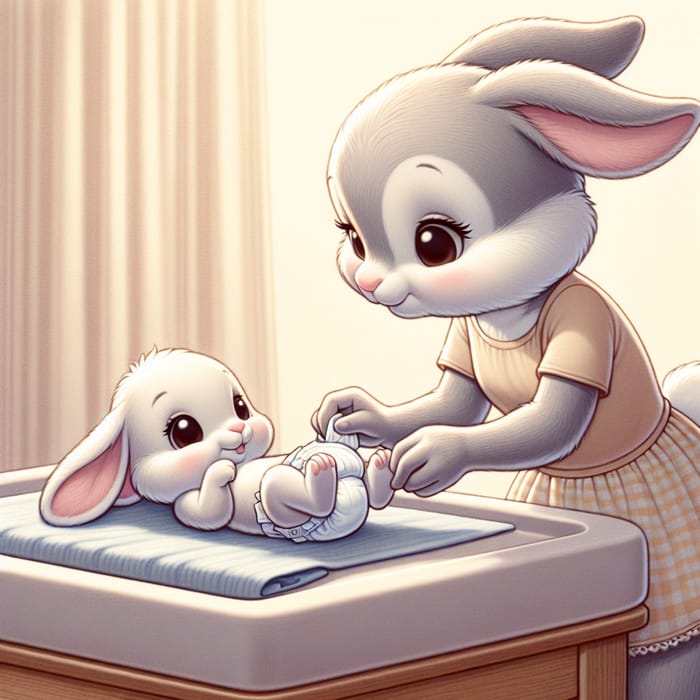 Adorable Cartoon Newborn Bunny on Changing Table | Bunny Mommy Bonding Moment