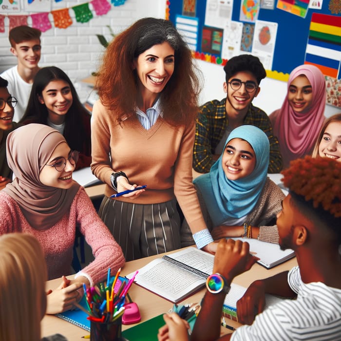 Inspiring Hispanic High School Teacher Connecting with Diverse Students