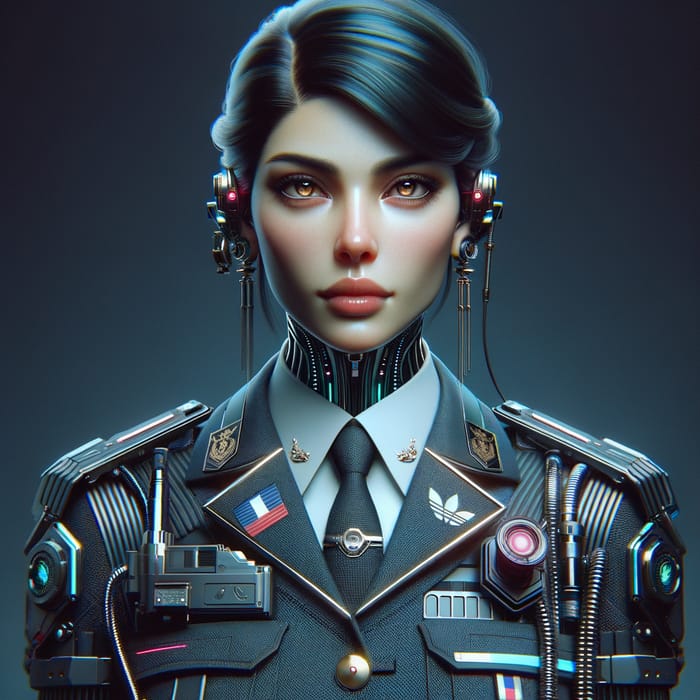 French Cyberpunk Woman in Futuristic Uniform with Neon Accents