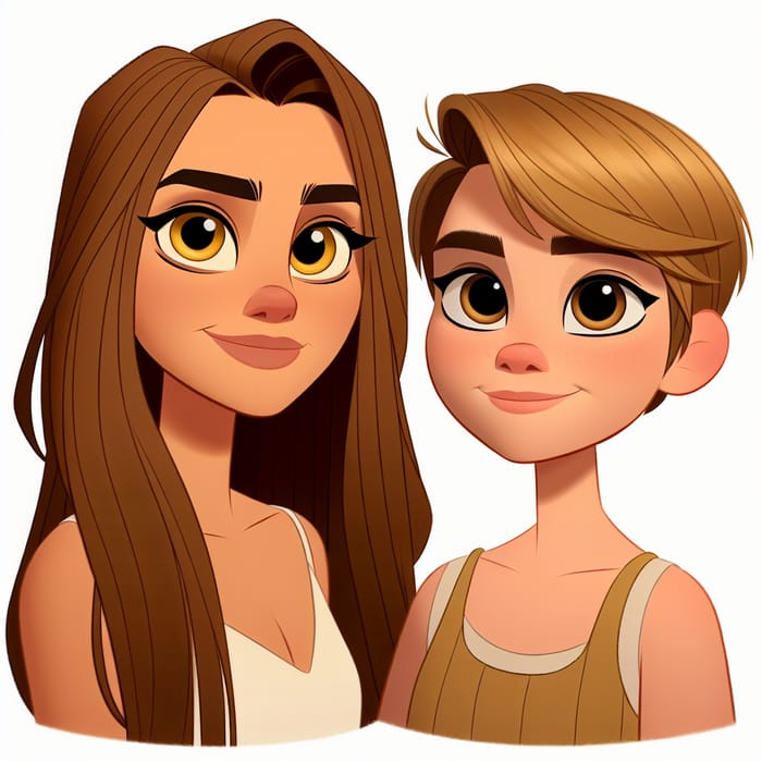 Lesbian Couple with Long Hair and Short Hair in Pixar Style