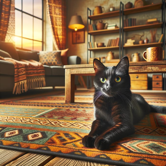 Black Cat Relaxing on Cozy Rug in Warmly Lit Living Room