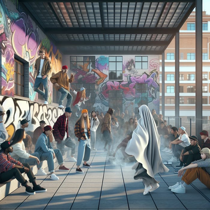 Rooftop Graffiti Walls: Spirited Hipster Baggy Clothes Daytime Scene